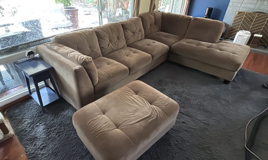 Microfiber sectional sofa and ottoman after cleaning